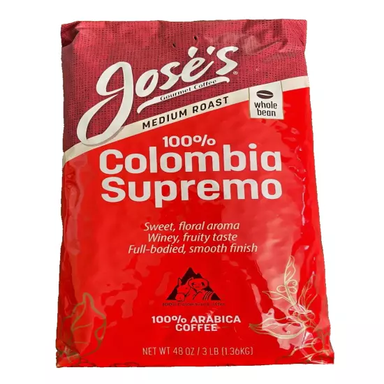 2-PACK Jose's Whole Bean Coffee Columbia Supremo, Medium Roast 3 Lbs, TOTAL 6 LB