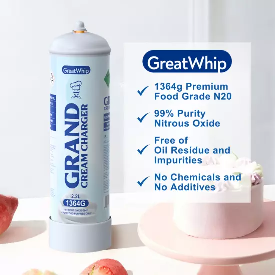 Whipped Cream Charger 2.2L X 2 Tank 1364g GreatWhip Cannister Ultra Pure Grand