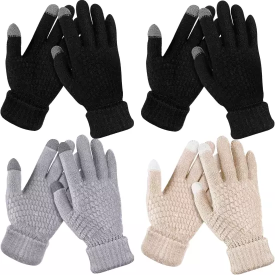 4 Pairs Women's Winter Touch Screen Gloves Warm Fleece Lined Knit Gloves Elastic