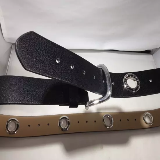 STEVE MADDEN 1.25" Black Vegan Leather Belt With Silvertone Open Round Hardware