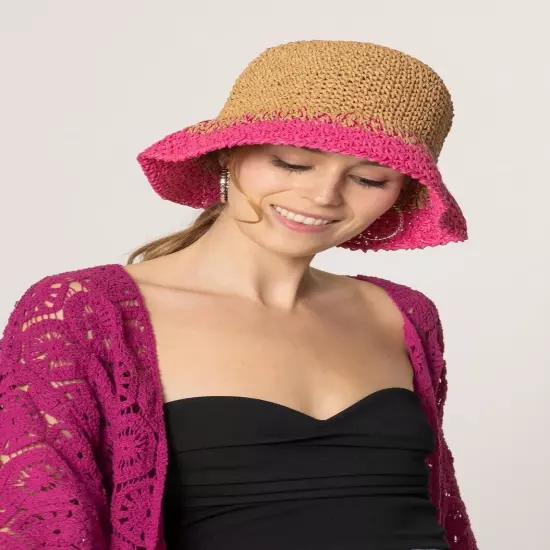 DIONA J TWO TONE STRAW BUCKET HAT ONE SIZE COLOR FUCHSIA