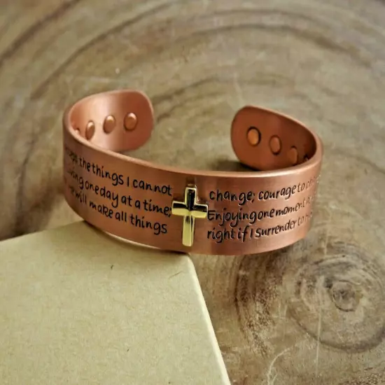 Pure Copper Magnetic Bracelet Arthritis Pain Therapy Cuff Serenity Prayer Cross