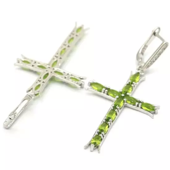 Classic Long Cross Shape Green Peridot CZ Fashion Jewelry Silver Earrings