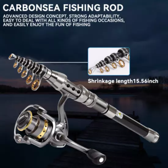 Carbon Fiber Telescopic Fishing Rod Pole Reel Combo Sea Saltwater Freshwater