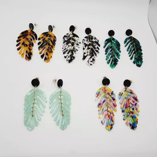 Leaf Shape Drop Dangle Earrings 5 Pair Set - Resin Acrylic Boho Women's Jewelry