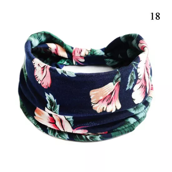 Women Boho Flower Print Wide Headband Vintage Knot Elastic Turban Headwrap *