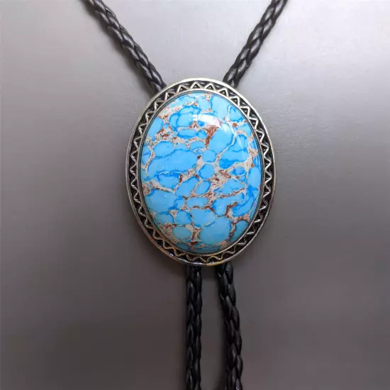 Blue Crazy Agate Bolo Tie Necklace Wedding for Men Women Western Cowboy Necktie