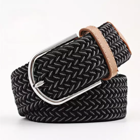 Mens Ladies Belts Canvas Webbing Braided Leather U Buckle Elastic Woven Stretch