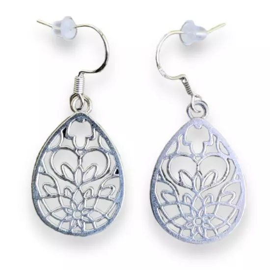 Silver Filigree Flower Heart Teardrop Earrings 925 Sterling Silver Hooks