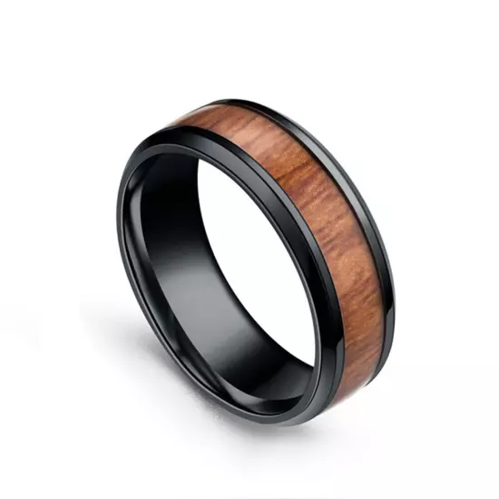 Mens Tungsten Carbide Ring Wood Inlay Beveled edge Wedding Band Ring Size 6-8 +