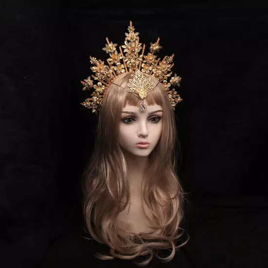 Antique Women Baroque Cross Goddess Halo Crown Headband Virgin Mary Headpieces