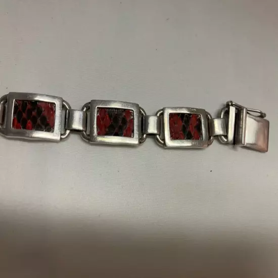 Vintage Versani Sterling Silver Link Men’s Bracelet With Red Snake Skin Inlay