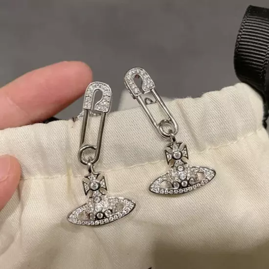 Vivienne Westwood Silver Tone Crystal Saturn Earrings Women Gift w/ Original Box