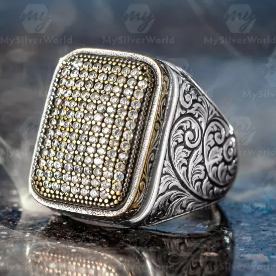 925 Sterling Silver Cubic Zirconias Stone Engraved Design Men's Ring