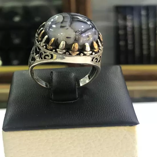 Men Silver Ring 925 Sterling Yemen Aqeeq Agate خاتم عقيق يمني شجري مصور حبة فحل