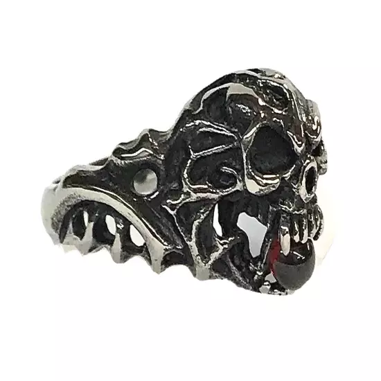 Stainless Steel Men’s Biker Style Ring Size 13 Skull & Red Stone 8+ Grams