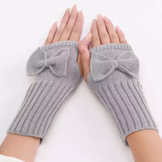 Short Bow Fingerless Gloves Autumn Winter Women's Solid Wrist Knitted Wool Glove