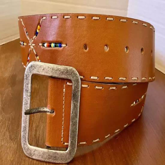 Vintage 90s Beaded Leather Belt 2” Wide Womens L -THE LIMITED Western 36” Total