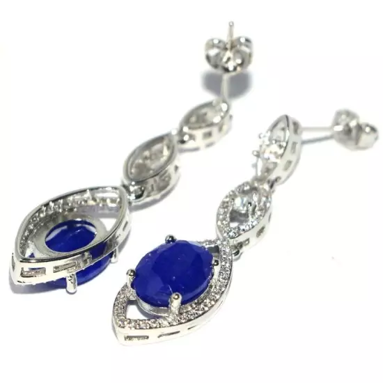 Beautiful Blue Sapphire White CZ For Women Daily Wear Silver Earrings 