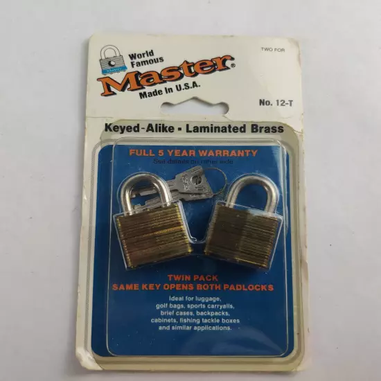 Vintage Master Lock Padlock 12-T Laminated Brass 2 Pack Small Locks Made in USA