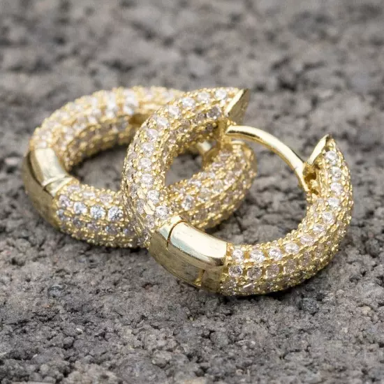 Men's 14K Yellow Gold Plated Sterling Silver Small Cz Hoops Huggie Earrings Gift