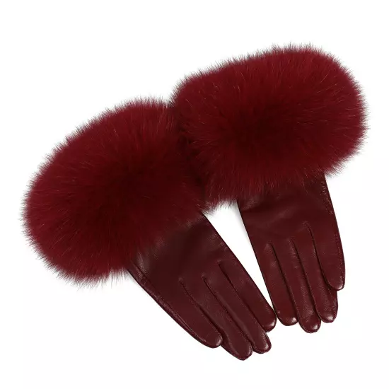 Women Genuine Lambskin Leather Gloves With Real Fox Fur Trim Cuff Winter Warm