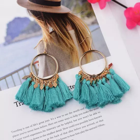 Fashion Women Bohemian Earrings Long Tassel Fringe Drop Dangle Ear Stud Jewelry