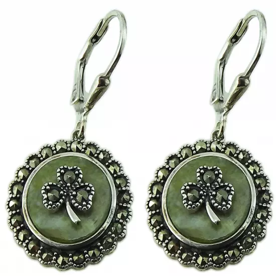 CONNEMARA MARBLE AND MARCASITE STONES SHAMROCK STERLING SILVER EARRINGS 70062