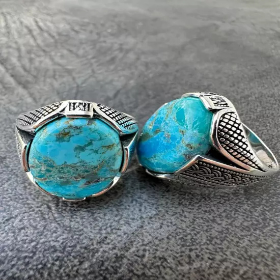 Mens Real Solid 925 Sterling Silver Blue Turquoise Natural Native Gemstone Ring