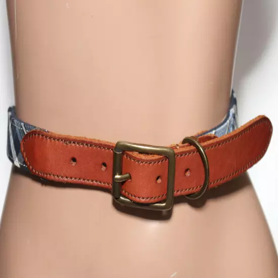 Land's End Blue Webbing/Canvas w/ Tan Leather Tabs Belt - Brass Buckle - Size 38