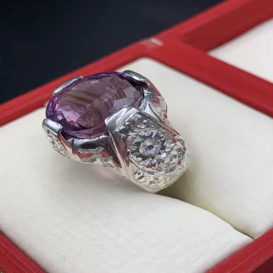 Natural Amethyst Ring, Man Amethyst Purple Gemstone Ring, 925 Sterling Silver