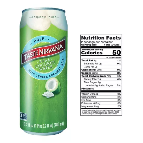 Taste Nirvana Real Coconut Water 16.2 Fluid Ounces | 12-Packs | WATER/PULP/ALOE