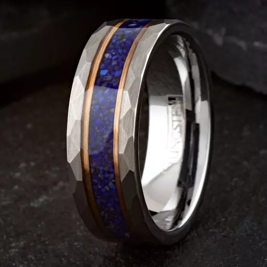 Tungsten Carbide Blue Lapis Lazuli Rose Gold Stripe Plated Wedding Band Ring