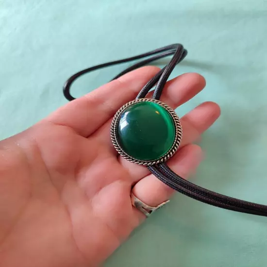 Signed HTL Healthy True Love Green Cats Eye Glass Bolo Tie