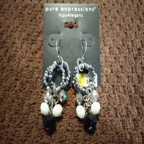 Pure Expressions Hypo-Allergenic Black/White/Clear Drop Earrings in Silver Tone