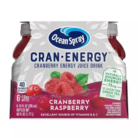 (6 Pack) Ocean Spray Cranberry Raspberry Energy Juice Drink with Vitamins, 10 Oz