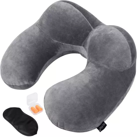 MLVOC Inflatable Travel Pillow with Ear Plugs, Eye Mask & Drawstring Bag | Grey