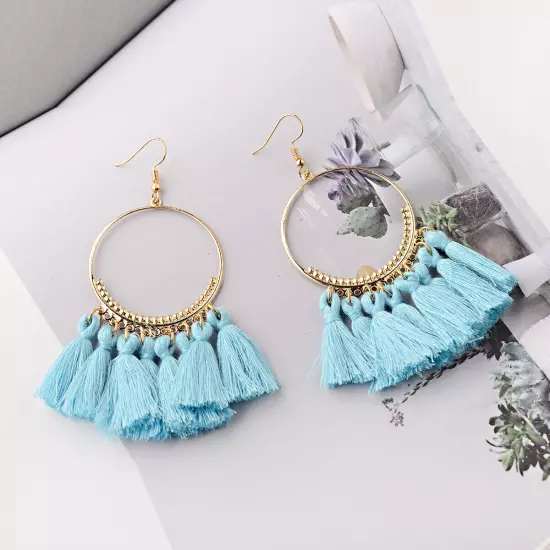 Fashion Women Bohemian Earrings Long Tassel Fringe Drop Dangle Ear Stud Jewelry