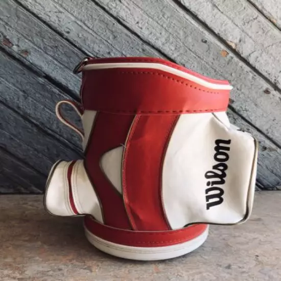 Vtg 1980 Red & White Leather Wilson Miniature Mini Golf Bag Caddy 17" Trash Can