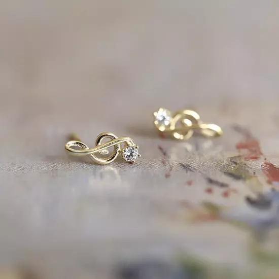 Handmade Dainty Gold CZ Violin/Music Note Stud Earring CZ 925 Silver Jewel