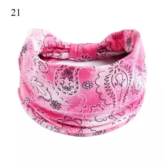 Women Boho Flower Print Wide Headband Vintage Knot Elastic Turban Headwrap *