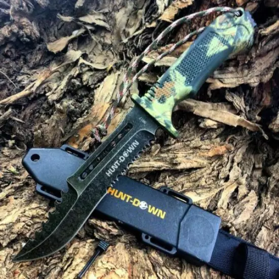 12" Carbon Steel Hunting Tactical Fixed Blade Camo Combat Knife Fire Starter