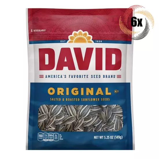 6x Bags David Original Flavor Sunflower Seed Bags | 5.25oz | Salted & Roasted