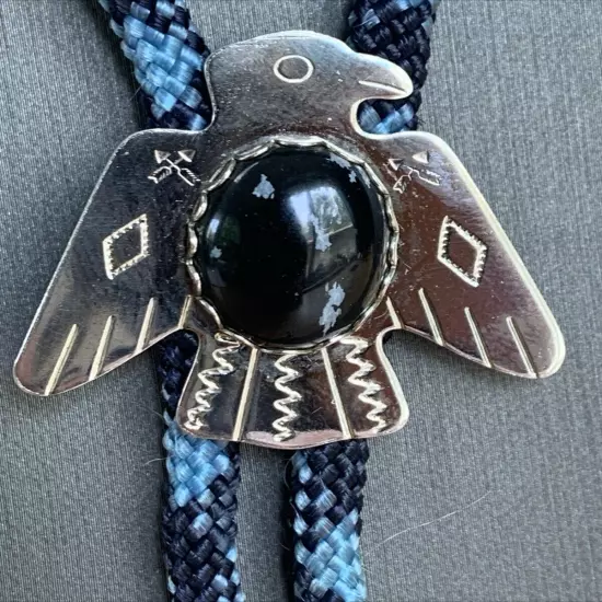 Vintage Native American Snowflake Obsidian Thunderbird Bolo Tie Blue/Black Cord