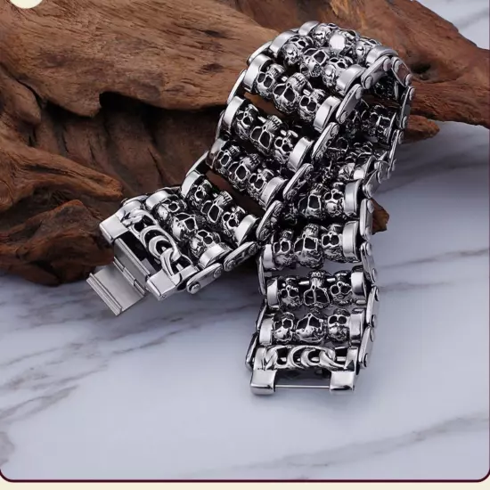 Men's Heavy Stainless Steel Biker Motorcycle Bike Chain Skull Bracelet 9"