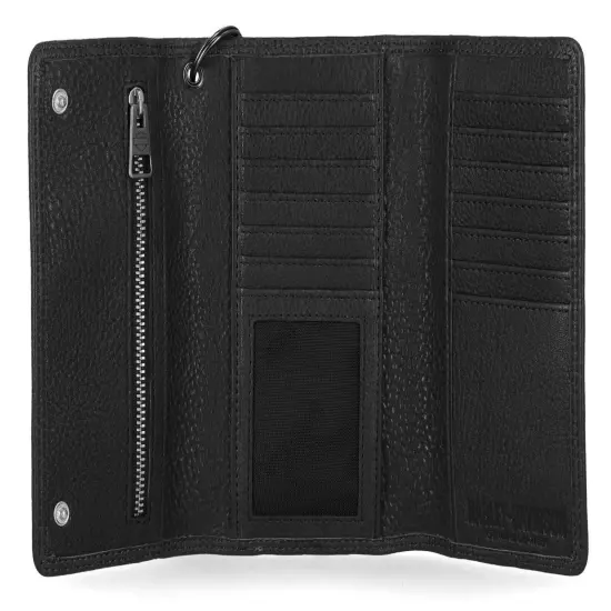 Harley-Davidson Men's Embossed Eagle Tri-Fold Trucker Chain RFID Wallet, Black