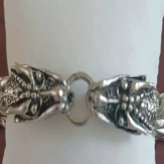 Mens Silver Tone Dueling Dragons Heavy Link Bracelet 8.5" Toggle Gooseneck Clasp