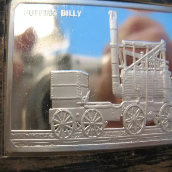 2 .OZ SILVER INGO-TBAR LOCOMOTIVE- TRAIN 1813 PUFFING BILLY FRANKLIN MINT+GOLD"