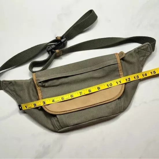 Vintage L.L.Bean Green Canvas Fanny Pack / Belt Bag Leather Trim Crossbody