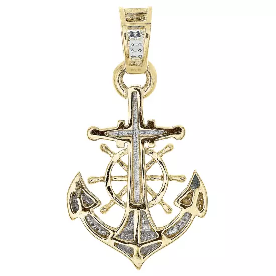 10K Yellow Gold Diamond Anchor Ship Steering Wheel Pendant 1.35" Charm 3/10 CT.